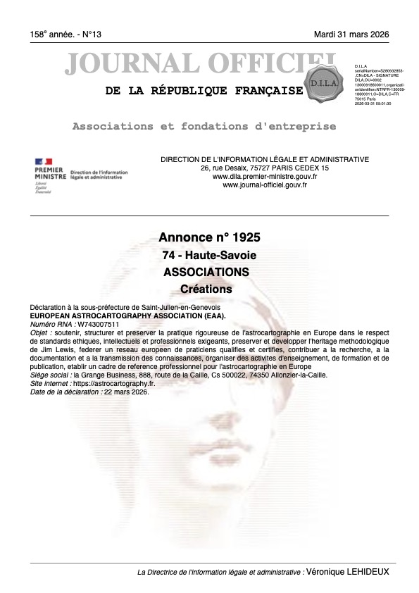 Official JOAFE publication of the European Astrocartography Association (EAA), Journal Officiel de la République Française, March 2026, confirming legal registration in France
