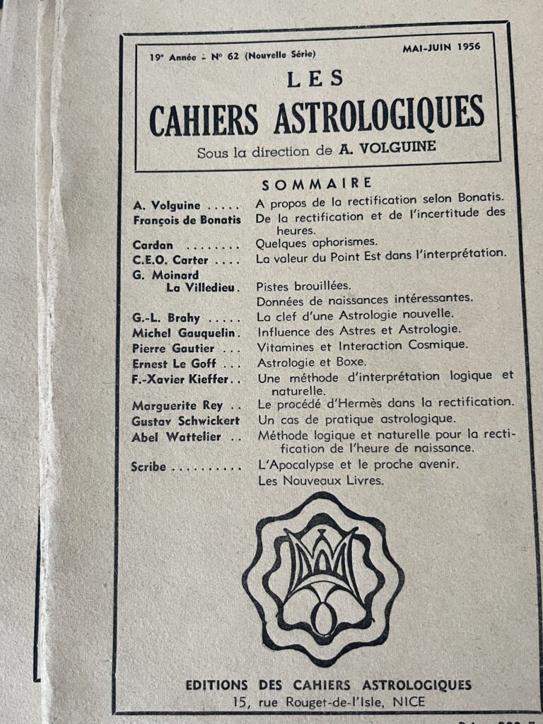 Michel Gauquelin listed in Les Cahiers Astrologiques May June 1956 French astrology journal primary source for Gauquelin sectors research